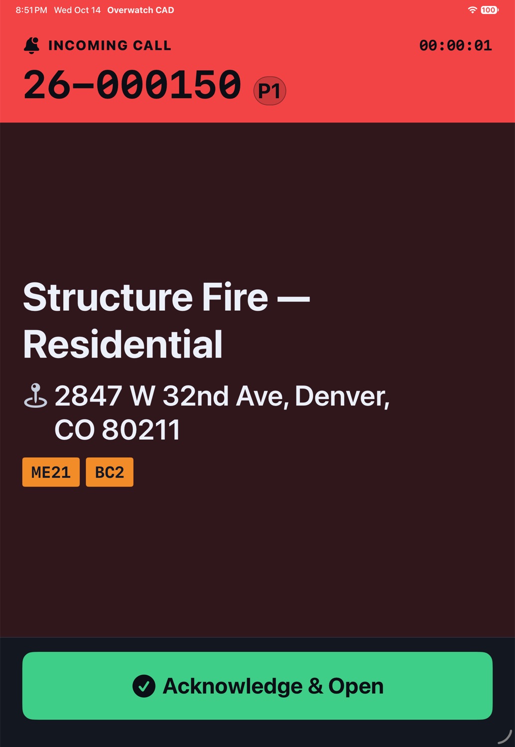 The call alert on the iPad: call number, priority, complaint, address, units and Acknowledge & Open